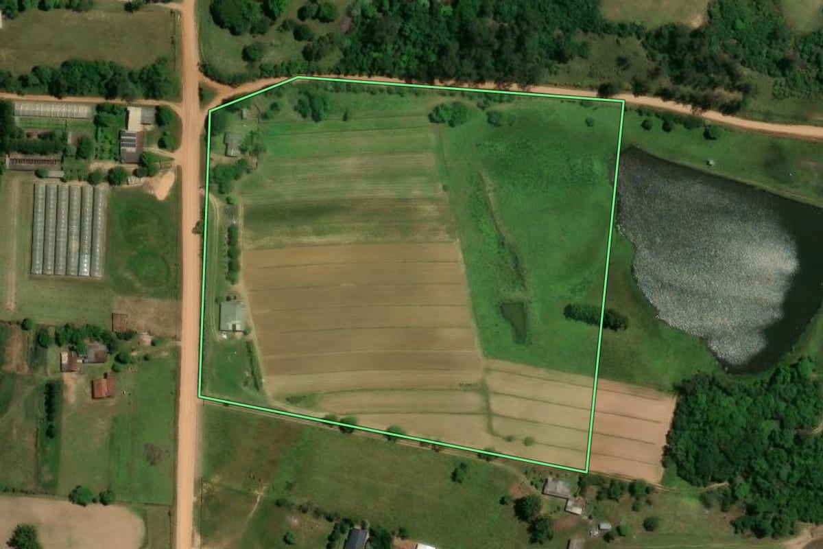 Imagem de satélite do imóvel rural em Cachoeira do Sul (RS), com o contorno declarado no CAR desenhado por cima.