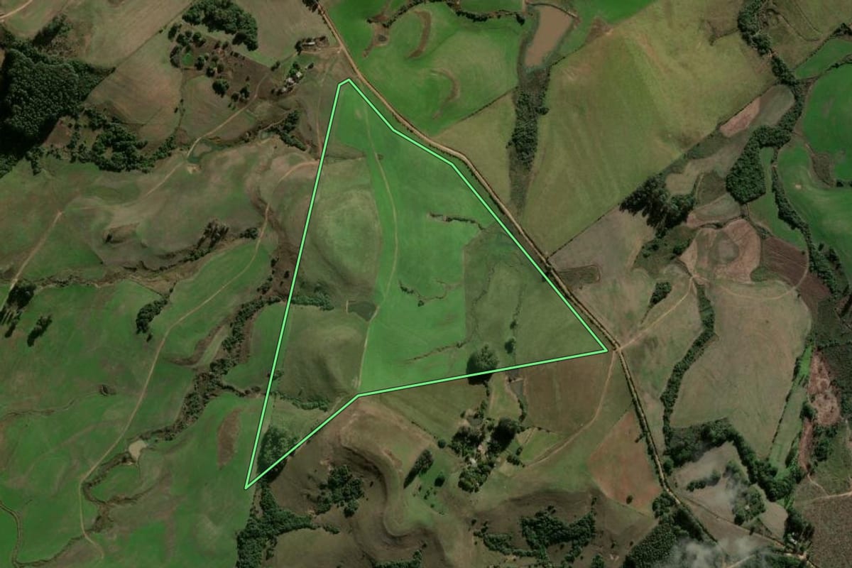 Imagem de satélite do imóvel rural em Cachoeira do Sul (RS), com o contorno declarado no CAR desenhado por cima.
