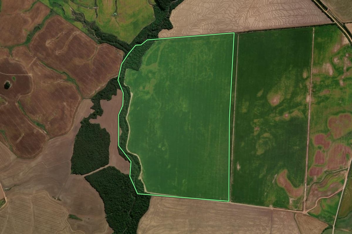 Imagem de satélite do imóvel rural em Cachoeira do Sul (RS), com o contorno declarado no CAR desenhado por cima.