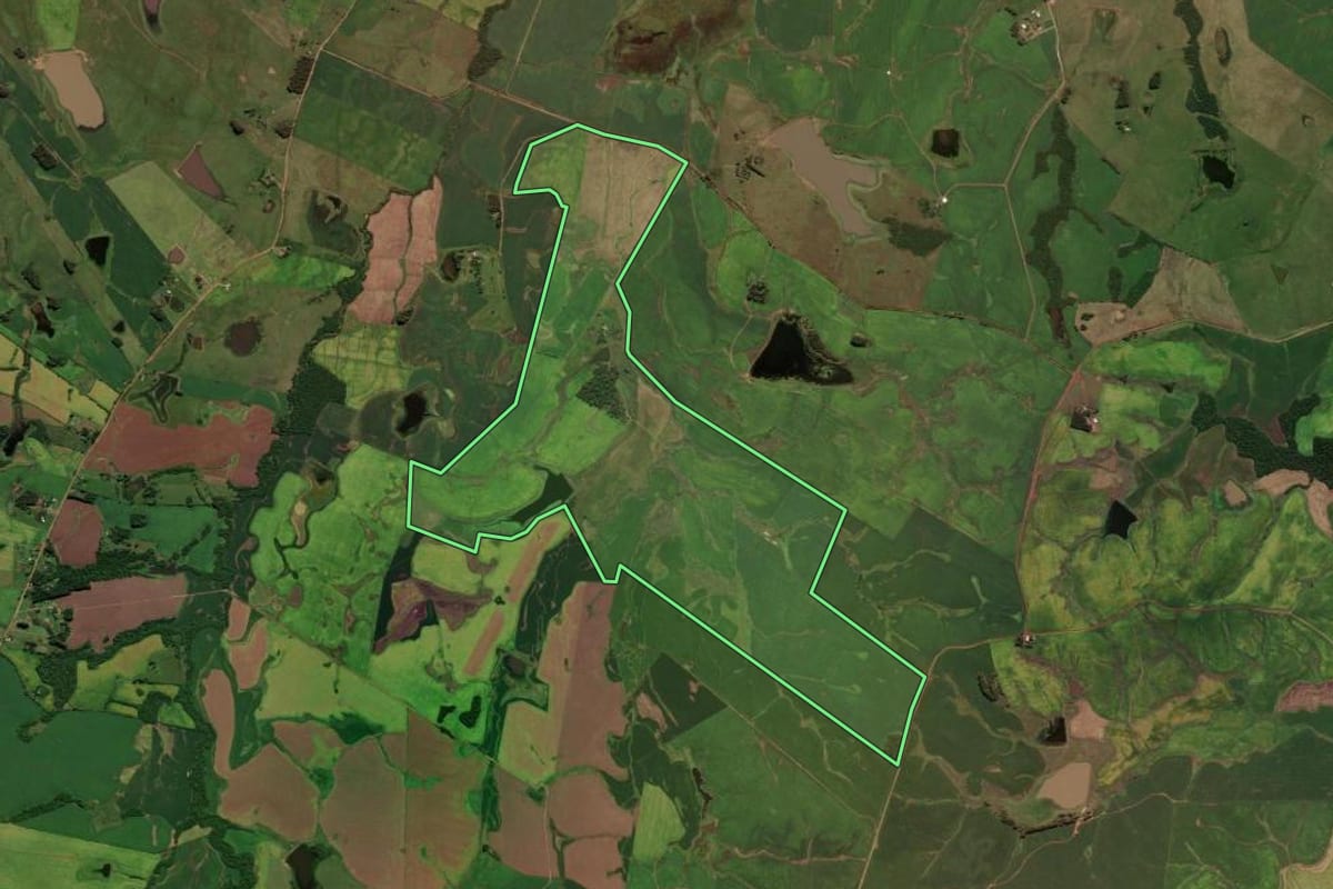 Imagem de satélite do imóvel rural em Cachoeira do Sul (RS), com o contorno declarado no CAR desenhado por cima.