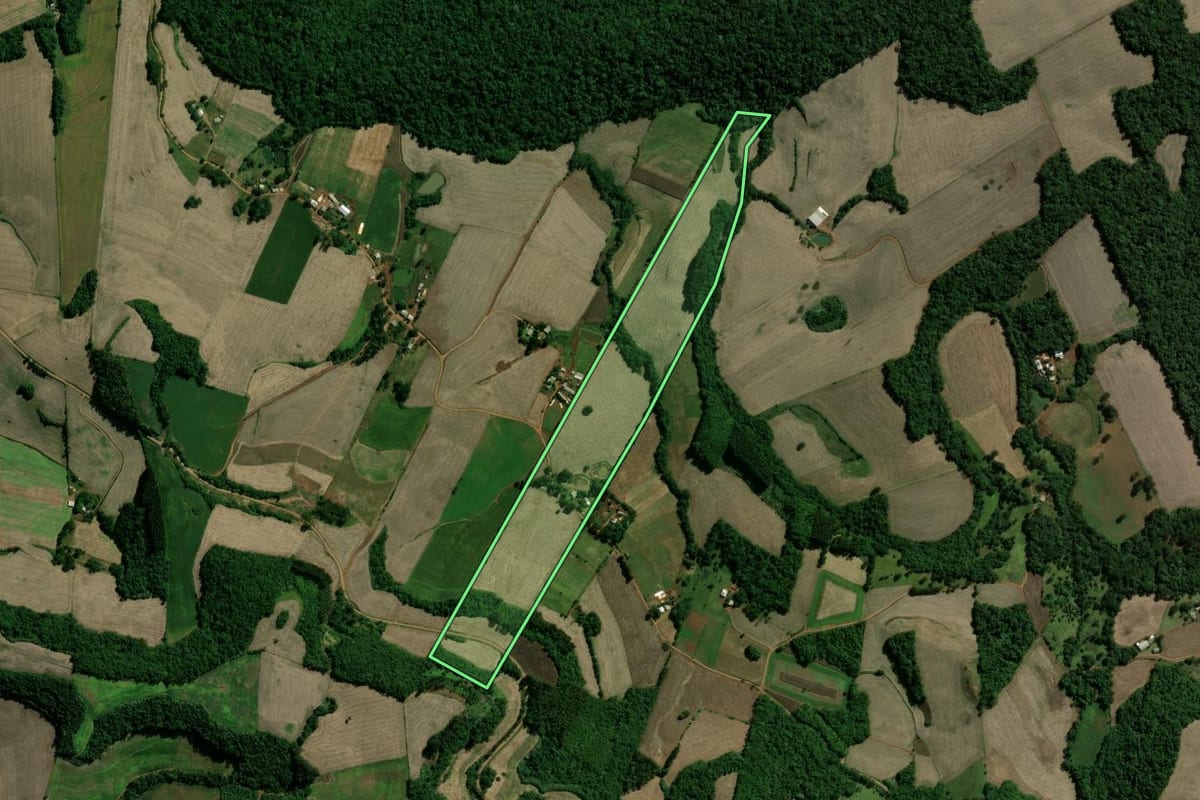 Imagem de satélite do imóvel rural em Cacique Doble (RS), com o contorno declarado no CAR desenhado por cima.