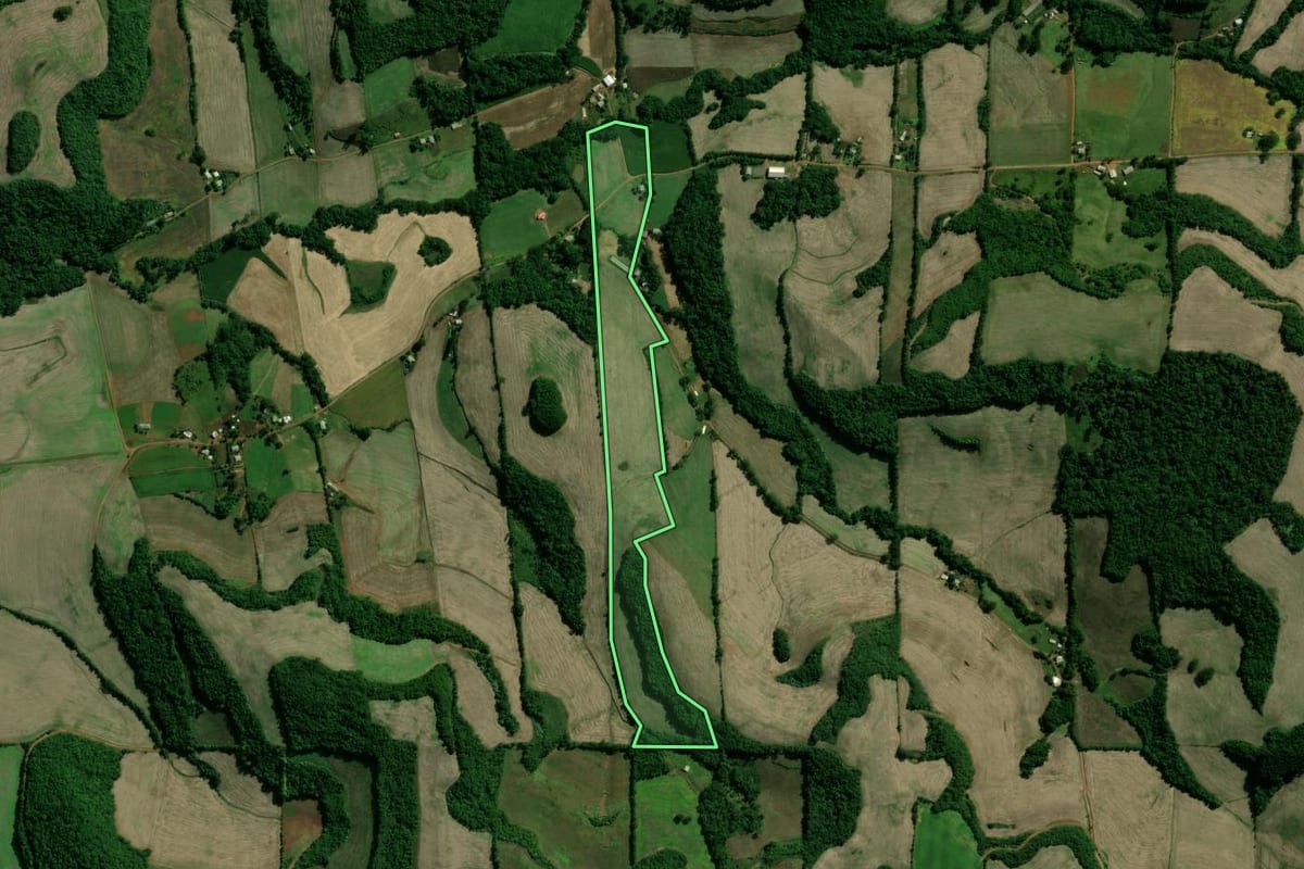Imagem de satélite do imóvel rural em Cacique Doble (RS), com o contorno declarado no CAR desenhado por cima.