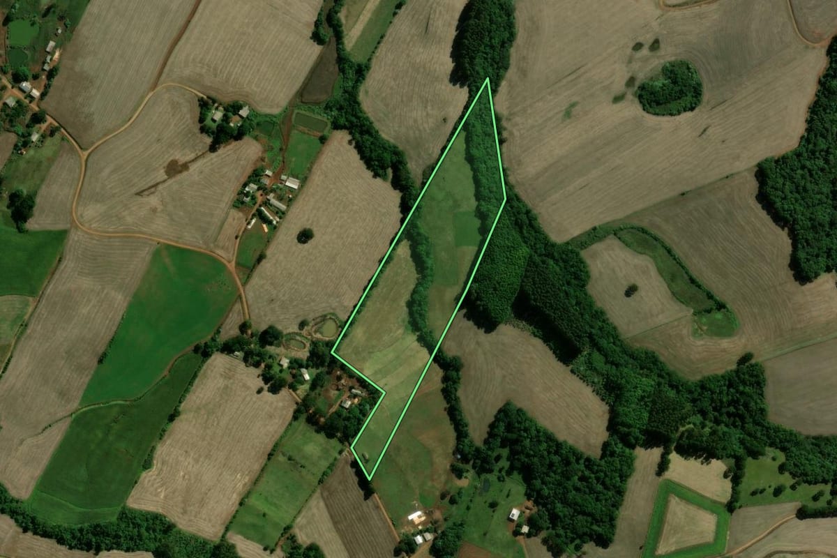 Imagem de satélite do imóvel rural em Cacique Doble (RS), com o contorno declarado no CAR desenhado por cima.