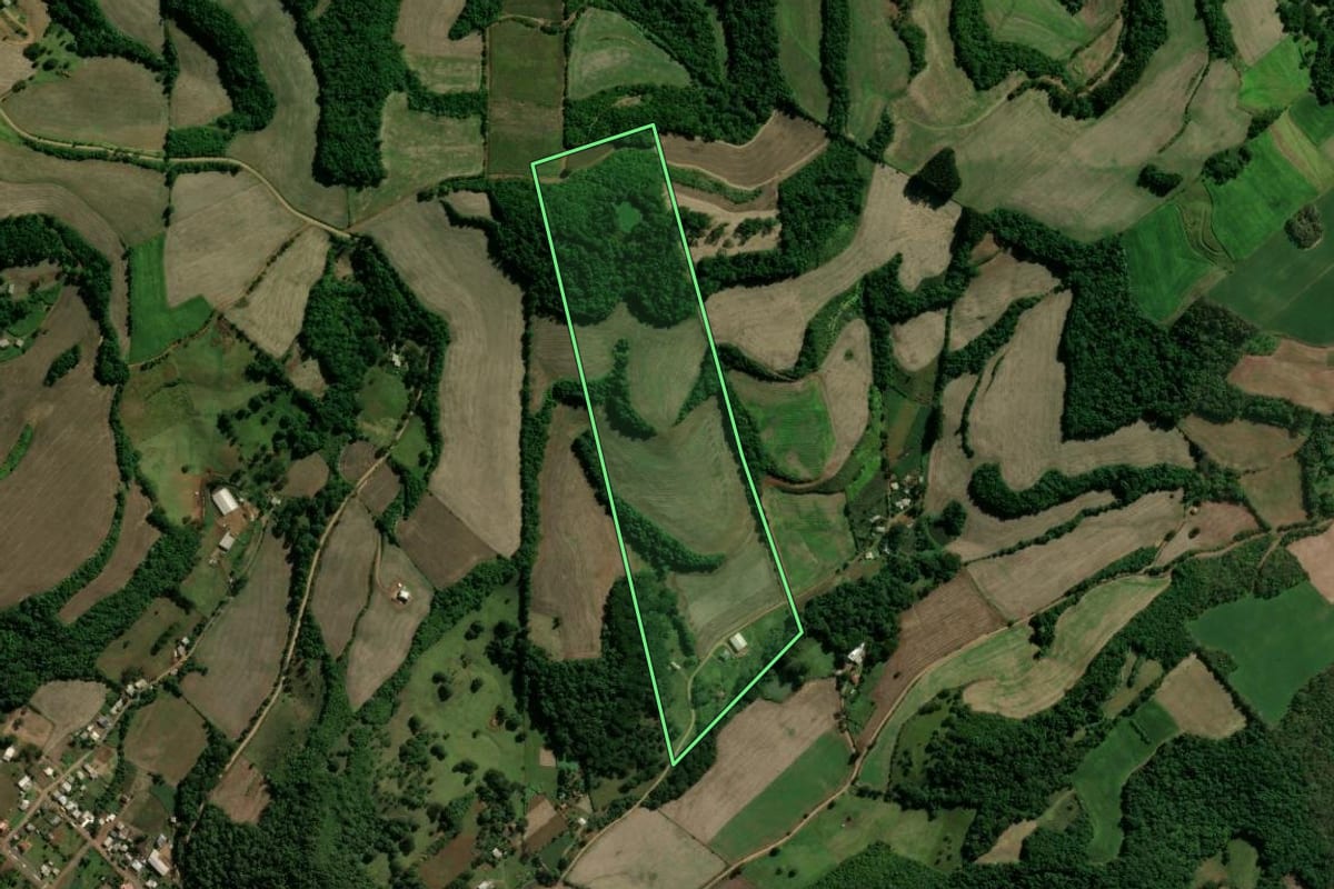 Imagem de satélite do imóvel rural em Cacique Doble (RS), com o contorno declarado no CAR desenhado por cima.