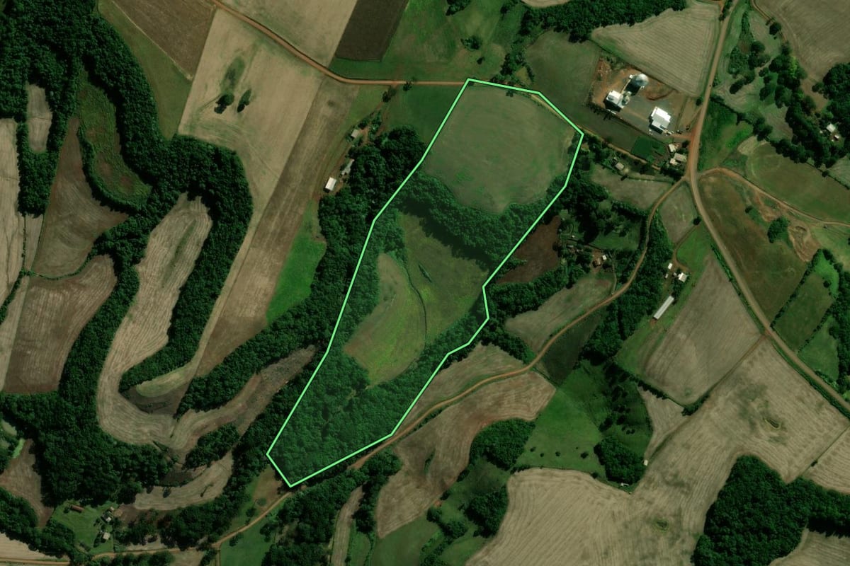 Imagem de satélite do imóvel rural em Cacique Doble (RS), com o contorno declarado no CAR desenhado por cima.