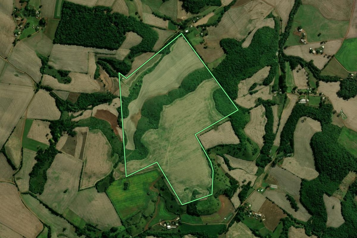 Imagem de satélite do imóvel rural em Cacique Doble (RS), com o contorno declarado no CAR desenhado por cima.
