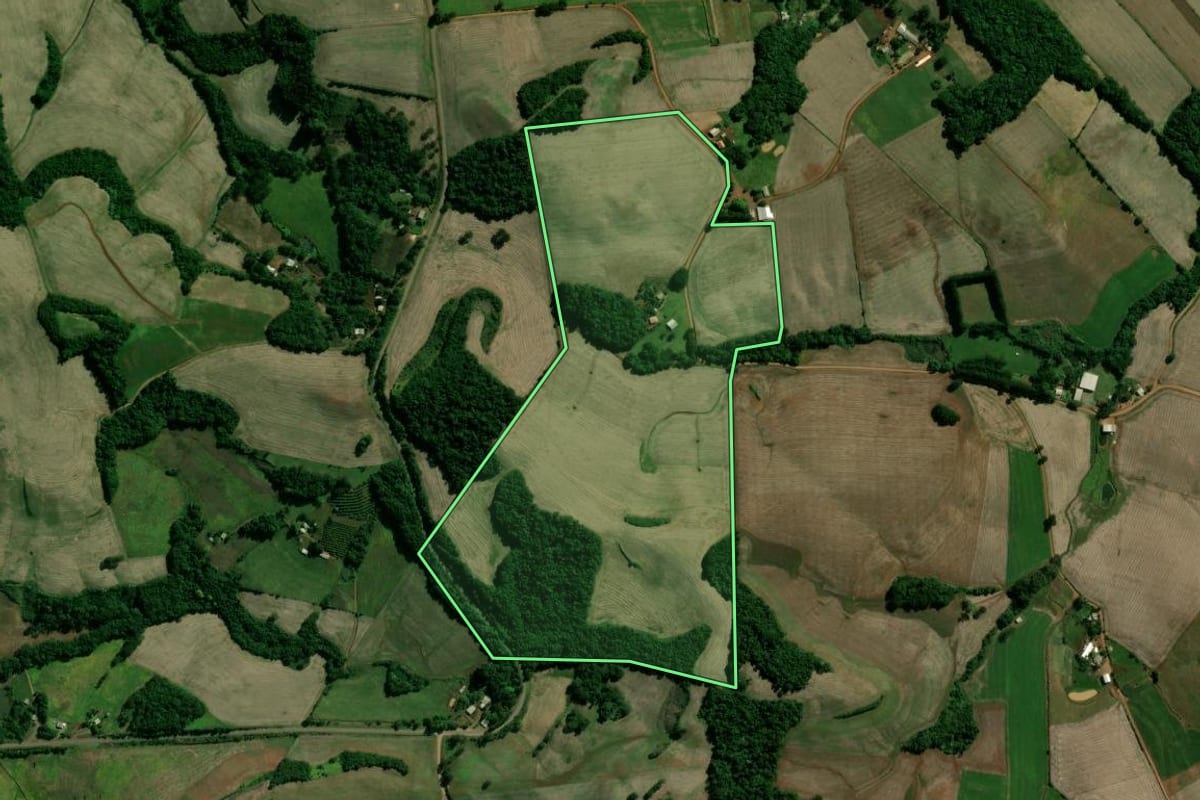 Imagem de satélite do imóvel rural em Cacique Doble (RS), com o contorno declarado no CAR desenhado por cima.