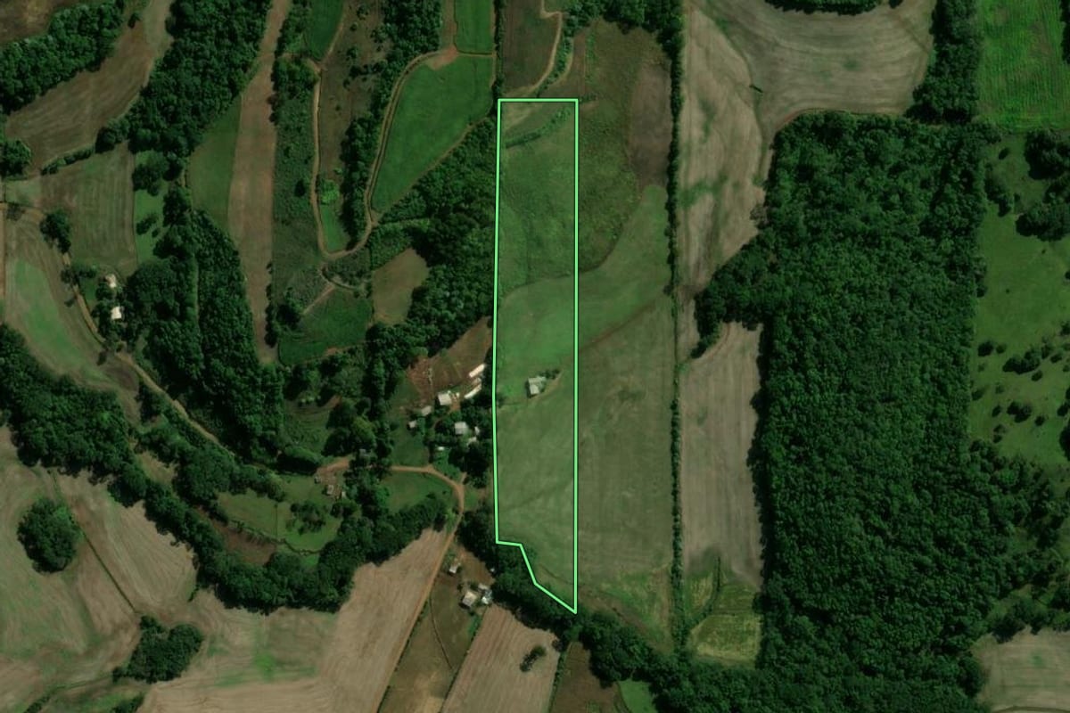Imagem de satélite do imóvel rural em Cacique Doble (RS), com o contorno declarado no CAR desenhado por cima.