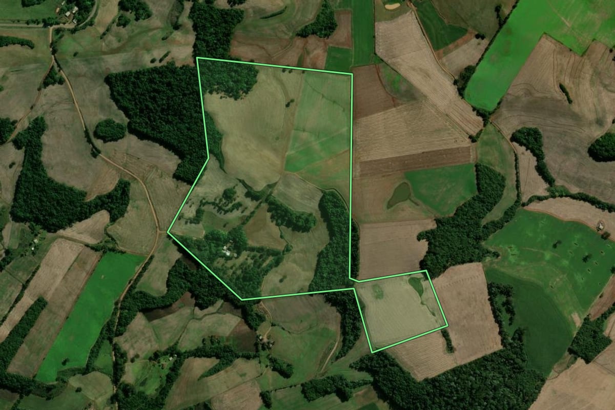 Imagem de satélite do imóvel rural em Cacique Doble (RS), com o contorno declarado no CAR desenhado por cima.