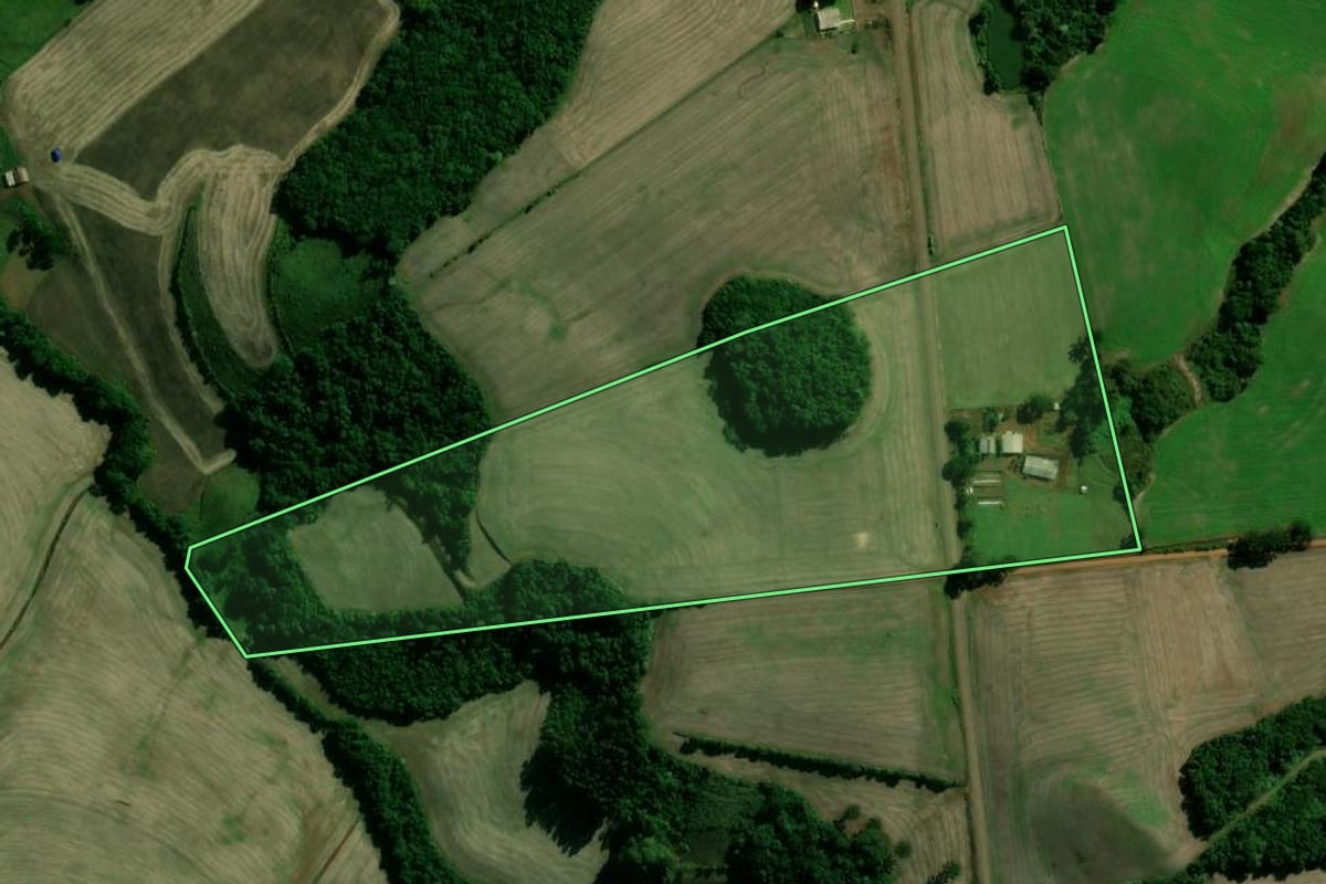 Imagem de satélite do imóvel rural em Cacique Doble (RS), com o contorno declarado no CAR desenhado por cima.