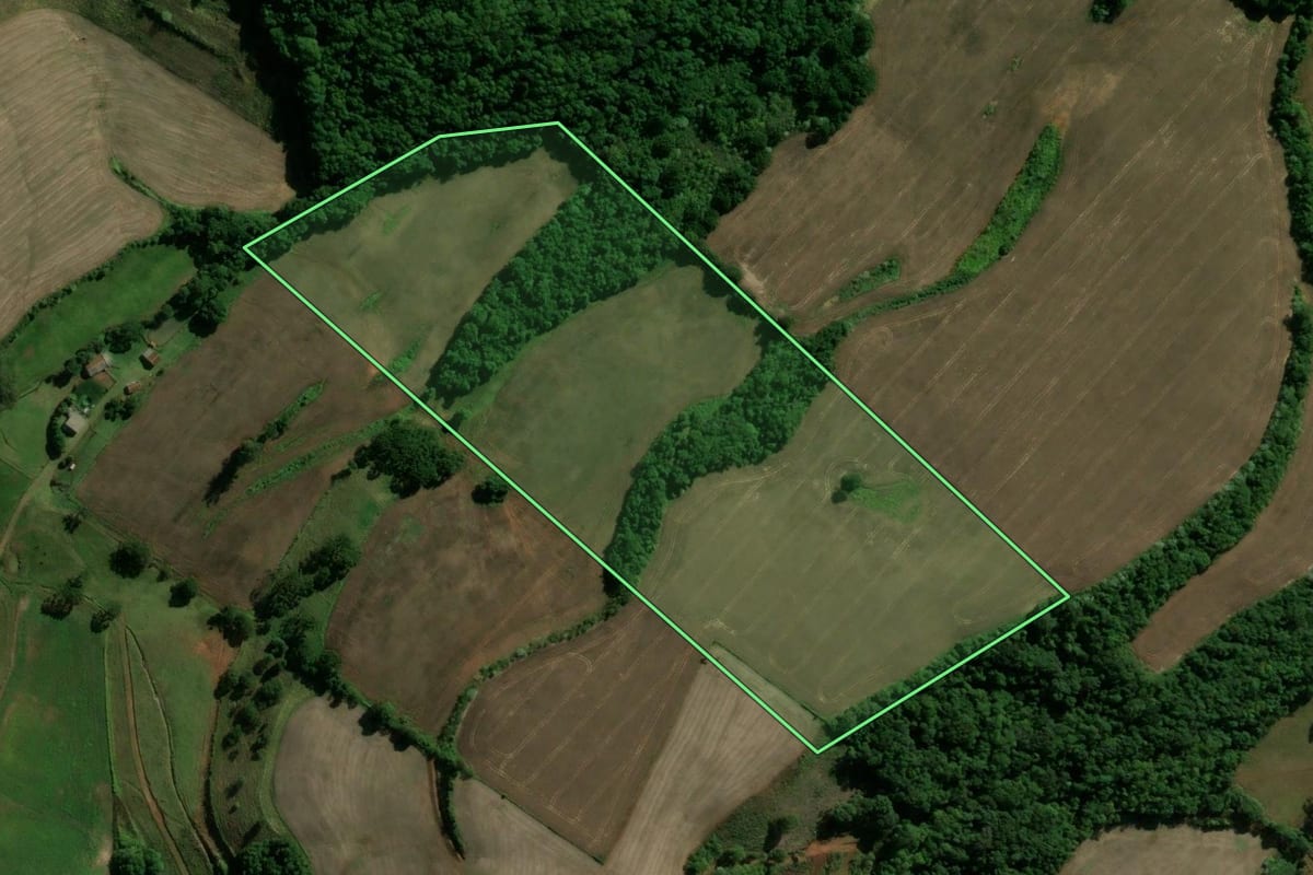Imagem de satélite do imóvel rural em Cacique Doble (RS), com o contorno declarado no CAR desenhado por cima.