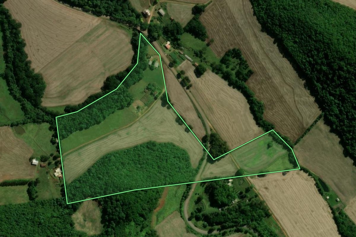 Imagem de satélite do imóvel rural em Cacique Doble (RS), com o contorno declarado no CAR desenhado por cima.