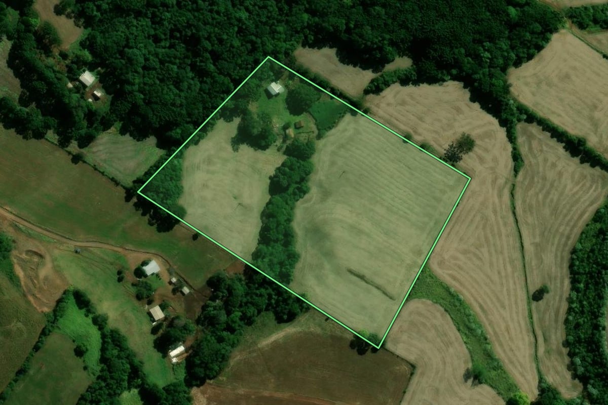 Imagem de satélite do imóvel rural em Cacique Doble (RS), com o contorno declarado no CAR desenhado por cima.