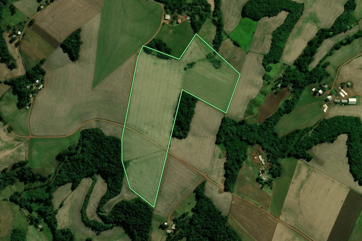 Imagem de satélite do imóvel rural em Cacique Doble (RS), com o contorno declarado no CAR desenhado por cima.