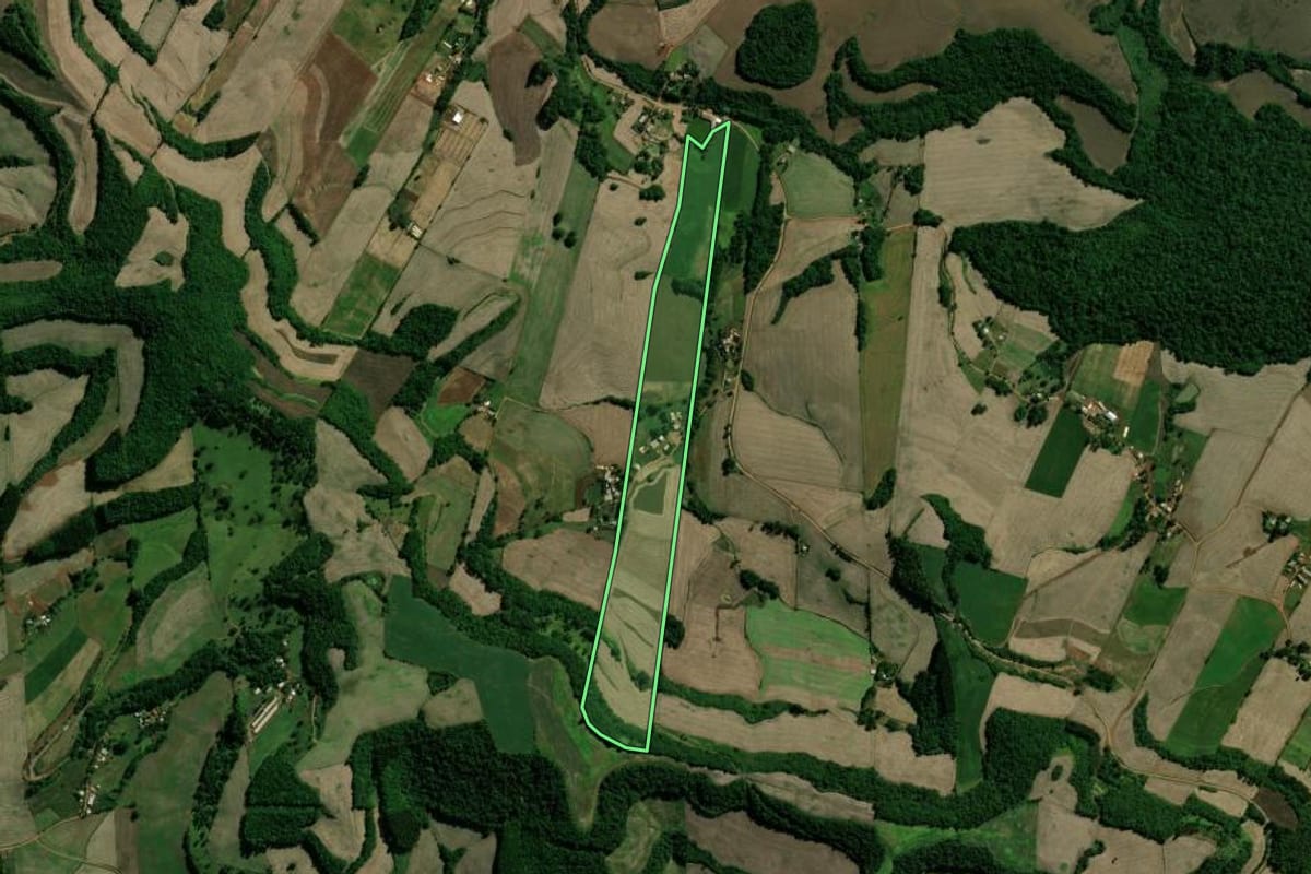 Imagem de satélite do imóvel rural em Cacique Doble (RS), com o contorno declarado no CAR desenhado por cima.