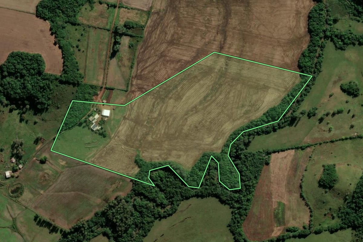 Imagem de satélite do imóvel rural em Caibaté (RS), com o contorno declarado no CAR desenhado por cima.