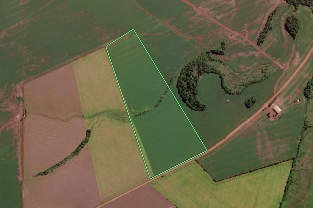 Imagem de satélite do imóvel rural em Caibaté (RS), com o contorno declarado no CAR desenhado por cima.