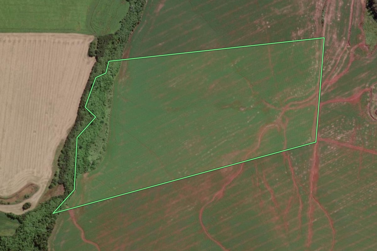 Imagem de satélite do imóvel rural em Caibaté (RS), com o contorno declarado no CAR desenhado por cima.