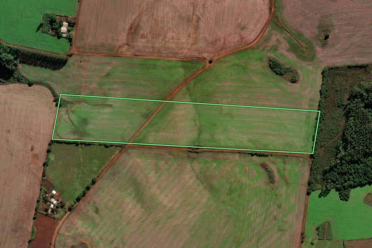 Imagem de satélite do imóvel rural em Caibaté (RS), com o contorno declarado no CAR desenhado por cima.
