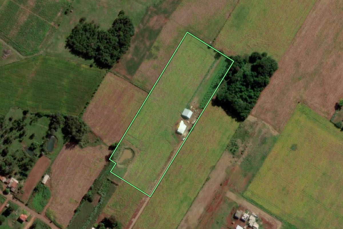 Imagem de satélite do imóvel rural em Caibaté (RS), com o contorno declarado no CAR desenhado por cima.