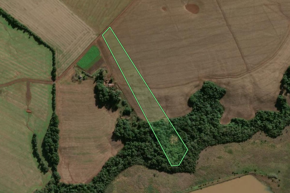 Imagem de satélite do imóvel rural em Caibaté (RS), com o contorno declarado no CAR desenhado por cima.