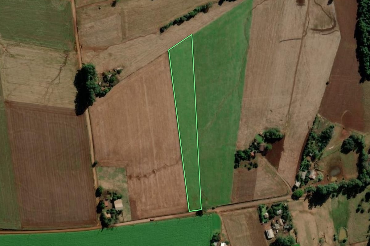 Imagem de satélite do imóvel rural em Caibaté (RS), com o contorno declarado no CAR desenhado por cima.