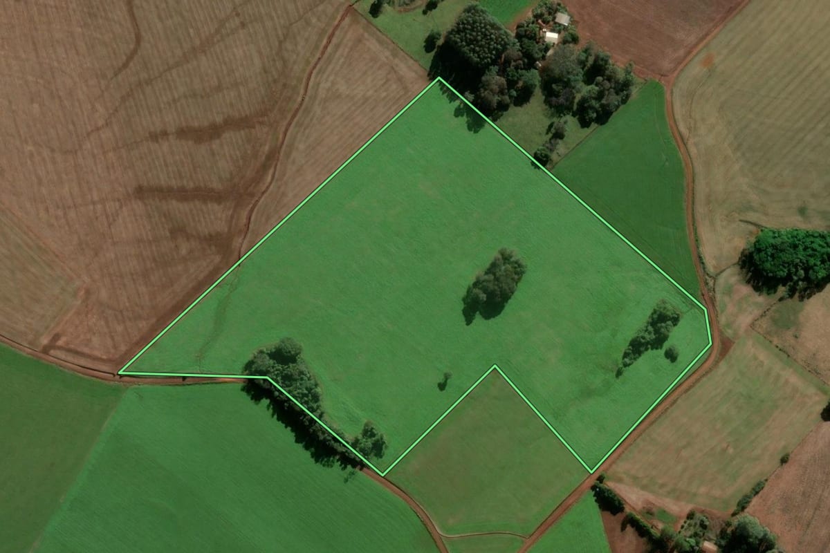 Imagem de satélite do imóvel rural em Caibaté (RS), com o contorno declarado no CAR desenhado por cima.