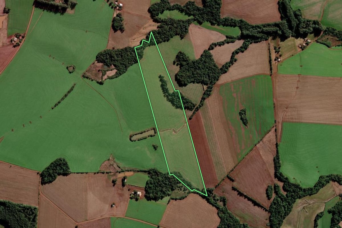 Imagem de satélite do imóvel rural em Caibaté (RS), com o contorno declarado no CAR desenhado por cima.