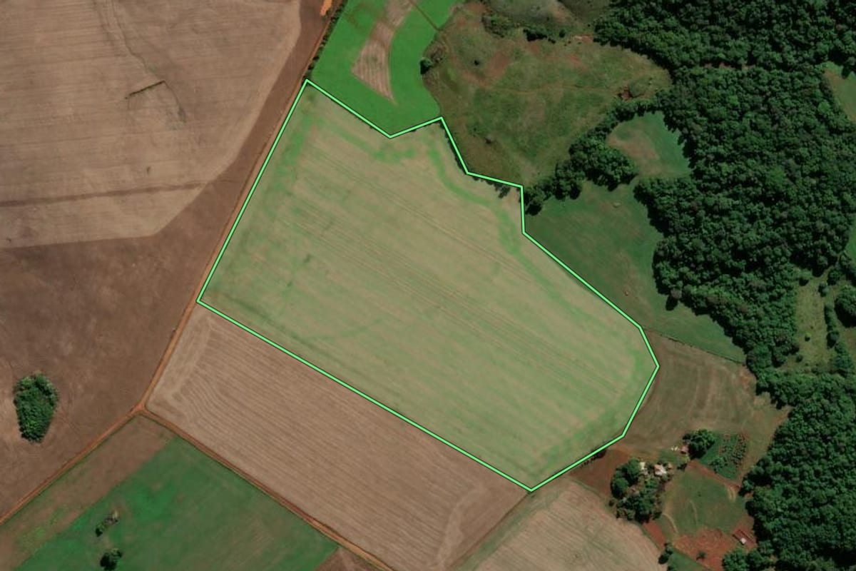 Imagem de satélite do imóvel rural em Caibaté (RS), com o contorno declarado no CAR desenhado por cima.