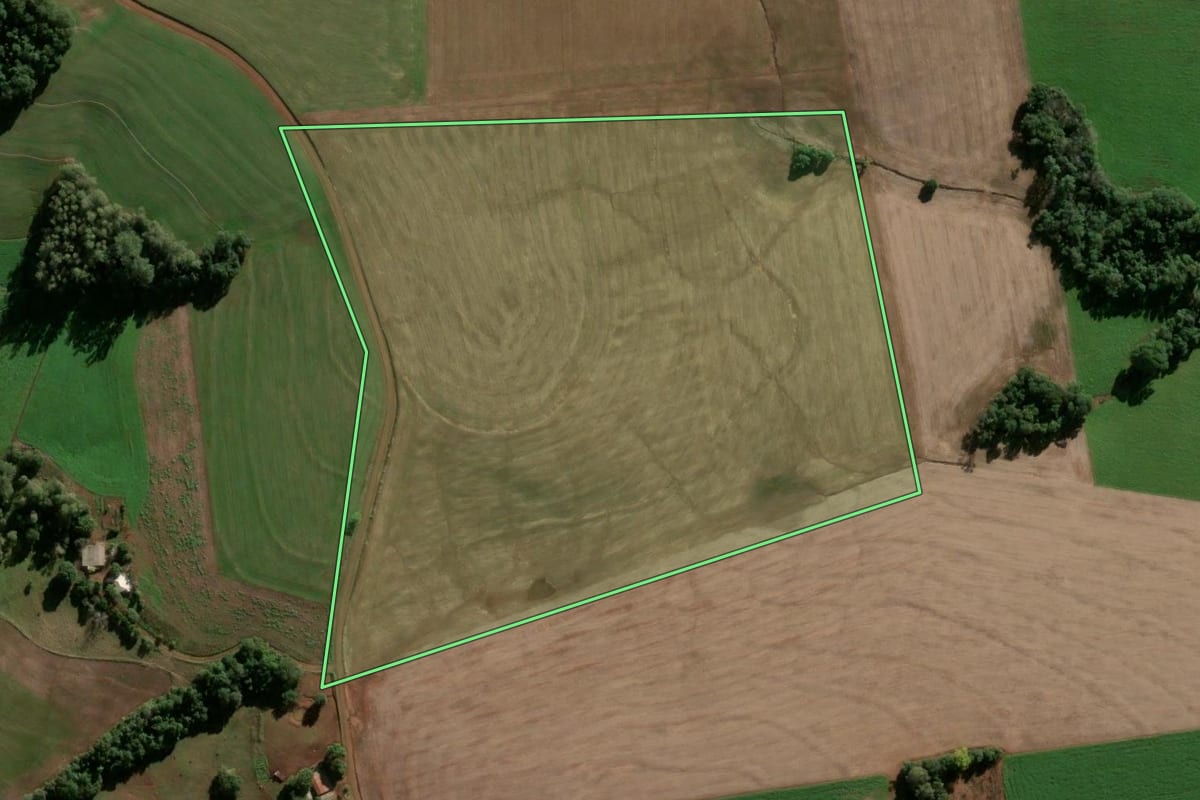 Imagem de satélite do imóvel rural em Caibaté (RS), com o contorno declarado no CAR desenhado por cima.