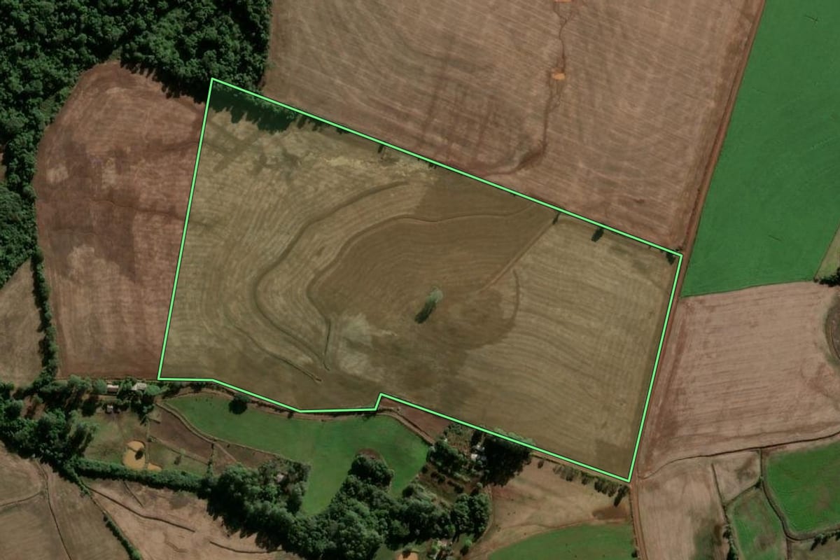 Imagem de satélite do imóvel rural em Caibaté (RS), com o contorno declarado no CAR desenhado por cima.