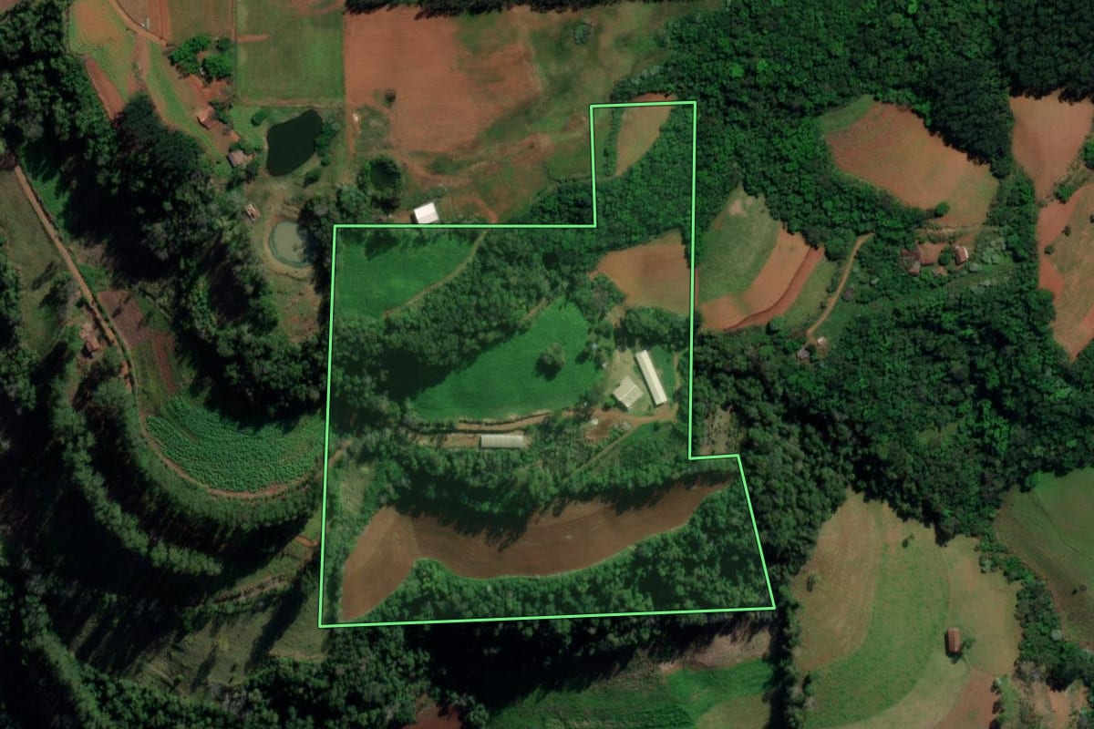 Imagem de satélite do imóvel rural em Caiçara (RS), com o contorno declarado no CAR desenhado por cima.