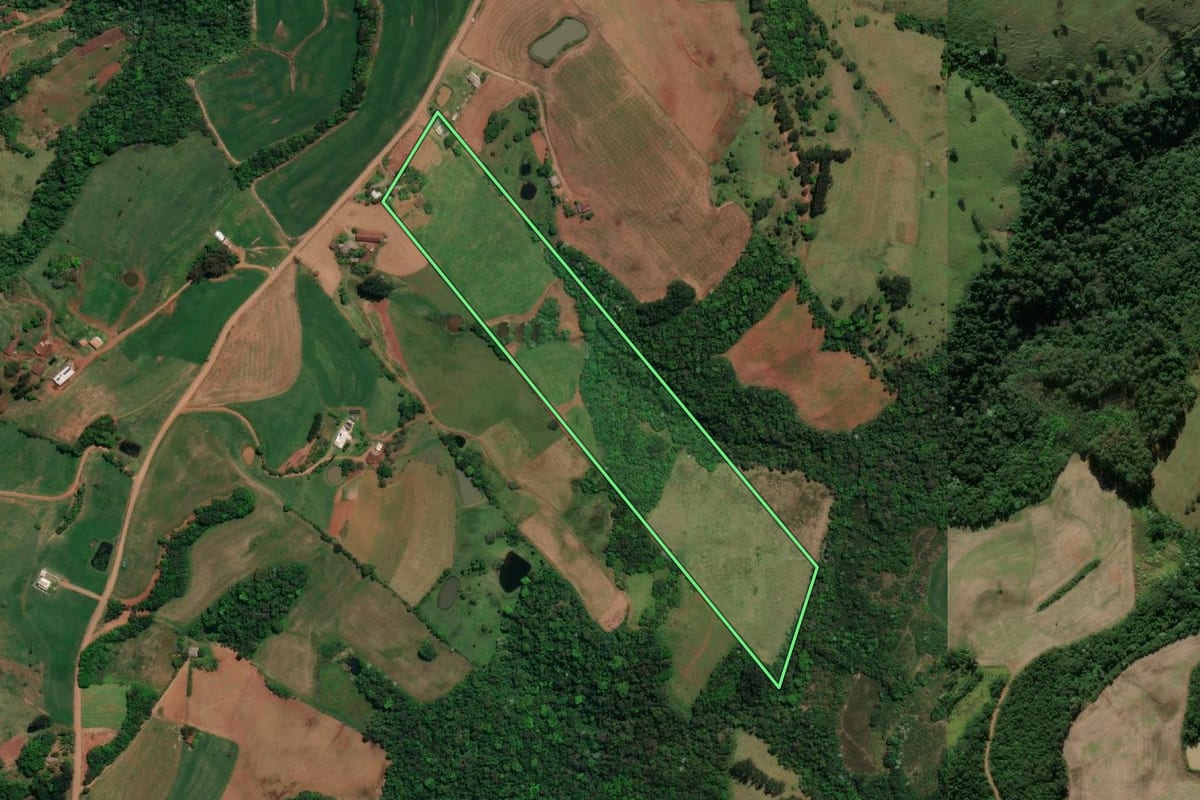 Imagem de satélite do imóvel rural em Caiçara (RS), com o contorno declarado no CAR desenhado por cima.