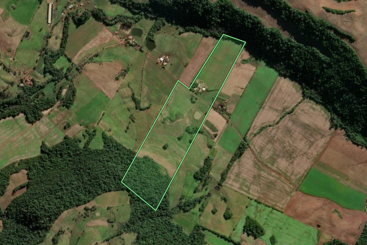 Imagem de satélite do imóvel rural em Caiçara (RS), com o contorno declarado no CAR desenhado por cima.