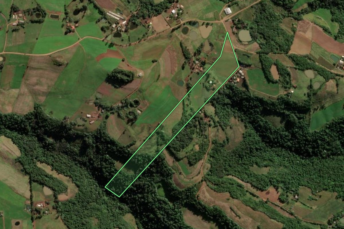 Imagem de satélite do imóvel rural em Caiçara (RS), com o contorno declarado no CAR desenhado por cima.