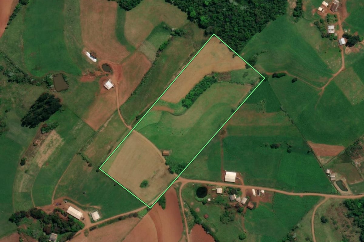 Imagem de satélite do imóvel rural em Caiçara (RS), com o contorno declarado no CAR desenhado por cima.