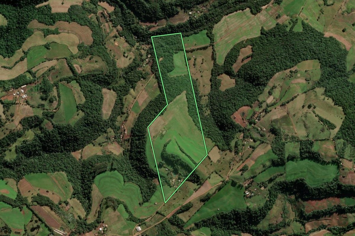 Imagem de satélite do imóvel rural em Caiçara (RS), com o contorno declarado no CAR desenhado por cima.