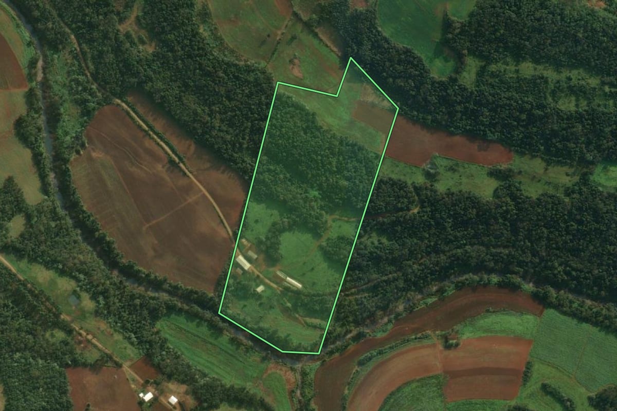 Imagem de satélite do imóvel rural em Caiçara (RS), com o contorno declarado no CAR desenhado por cima.