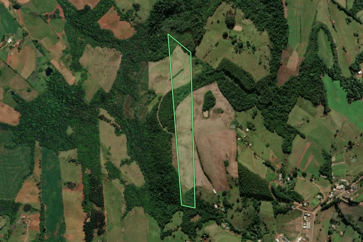 Imagem de satélite do imóvel rural em Caiçara (RS), com o contorno declarado no CAR desenhado por cima.