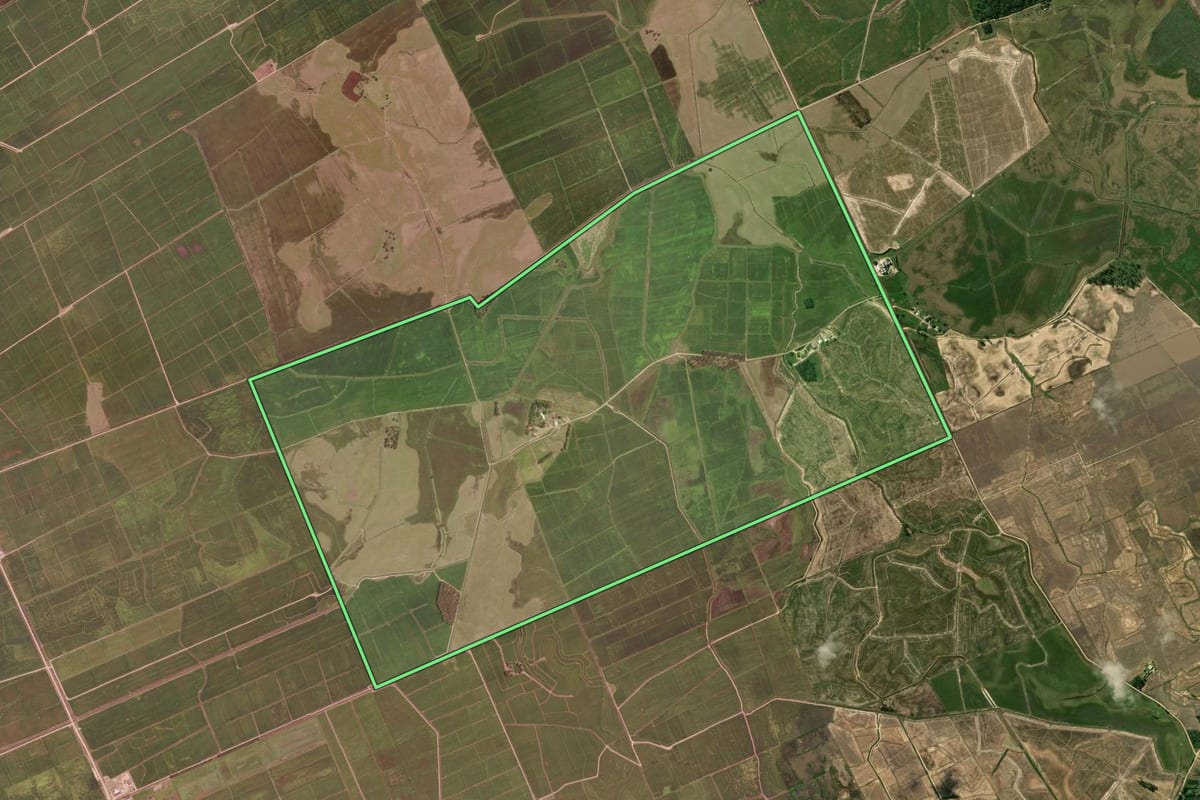 Imagem de satélite do imóvel rural em Camaquã (RS), com o contorno declarado no CAR desenhado por cima.