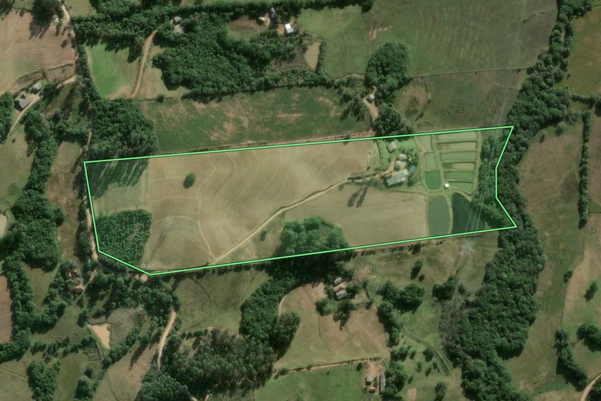 Imagem de satélite do imóvel rural em Camaquã (RS), com o contorno declarado no CAR desenhado por cima.