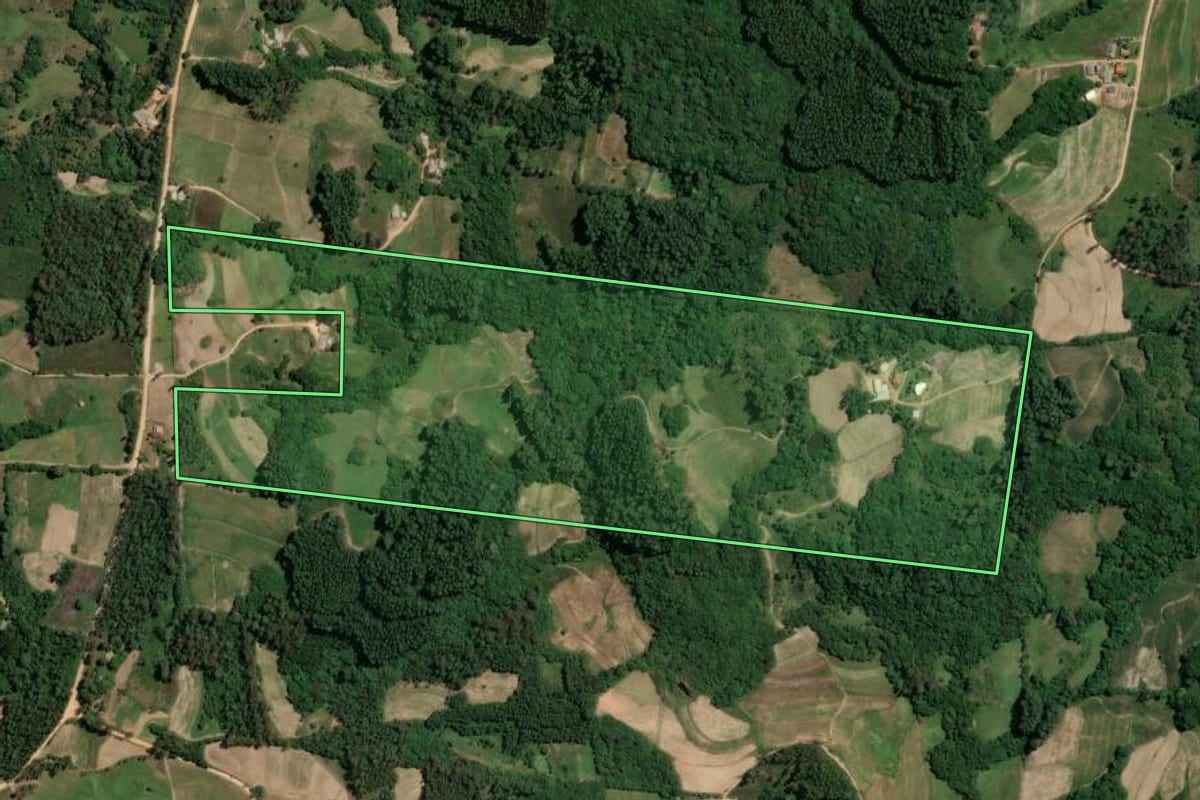 Imagem de satélite do imóvel rural em Camaquã (RS), com o contorno declarado no CAR desenhado por cima.