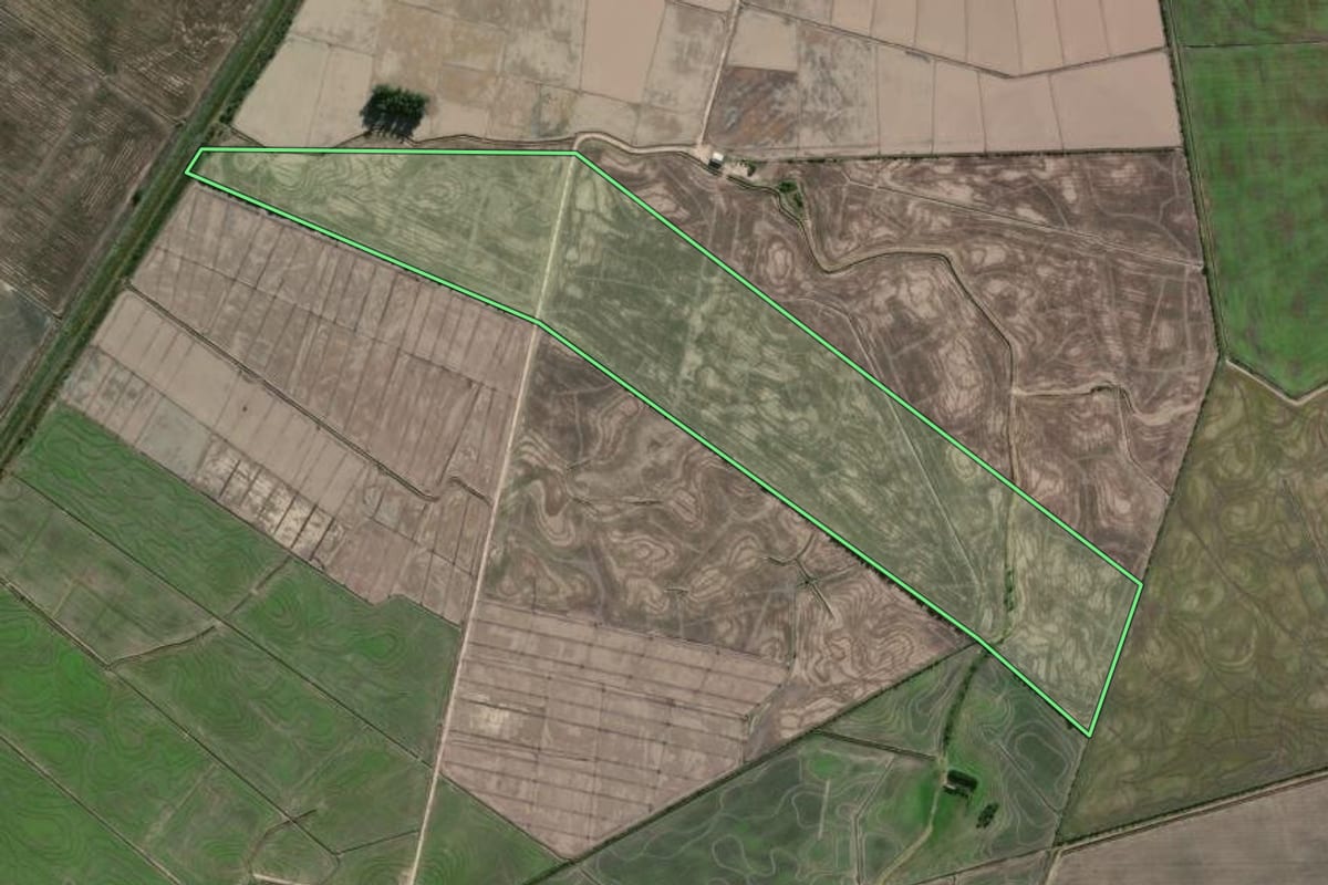 Imagem de satélite do imóvel rural em Camaquã (RS), com o contorno declarado no CAR desenhado por cima.