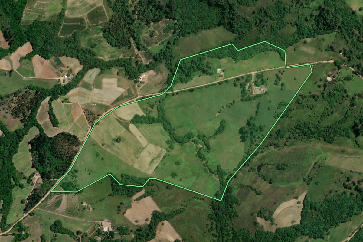 Imagem de satélite do imóvel rural em Camaquã (RS), com o contorno declarado no CAR desenhado por cima.