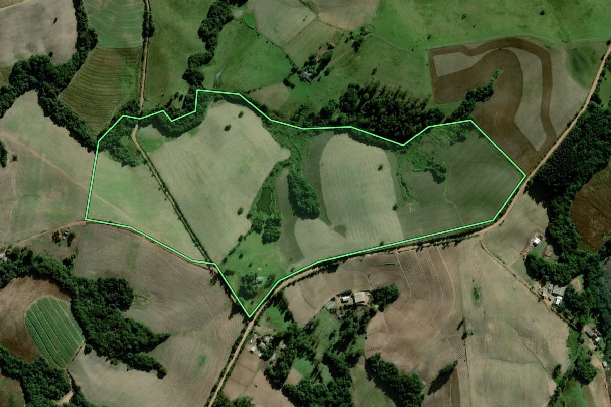 Imagem de satélite do imóvel rural em Camaquã (RS), com o contorno declarado no CAR desenhado por cima.