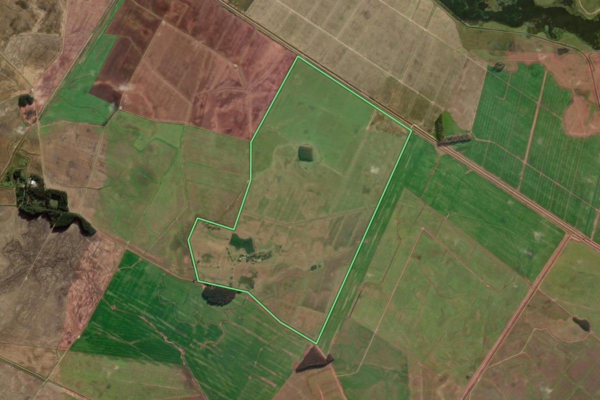Imagem de satélite do imóvel rural em Camaquã (RS), com o contorno declarado no CAR desenhado por cima.