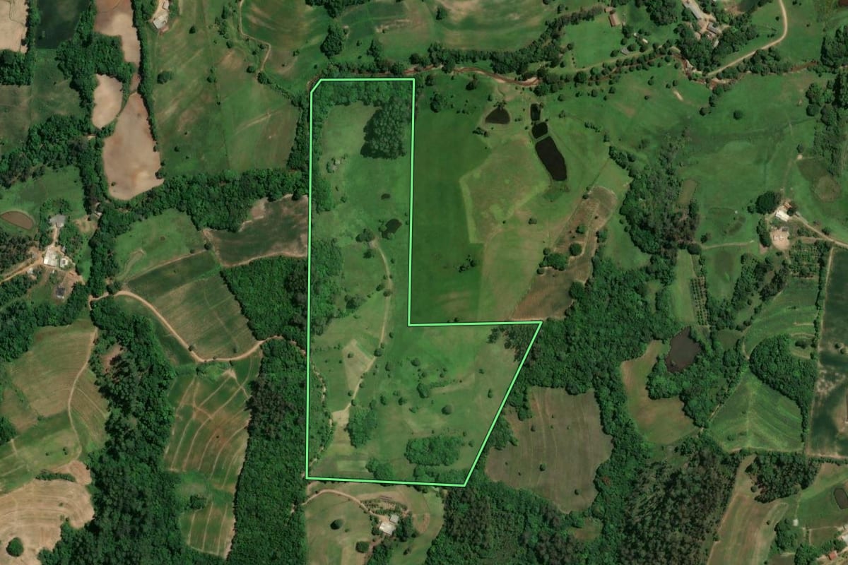 Imagem de satélite do imóvel rural em Camaquã (RS), com o contorno declarado no CAR desenhado por cima.