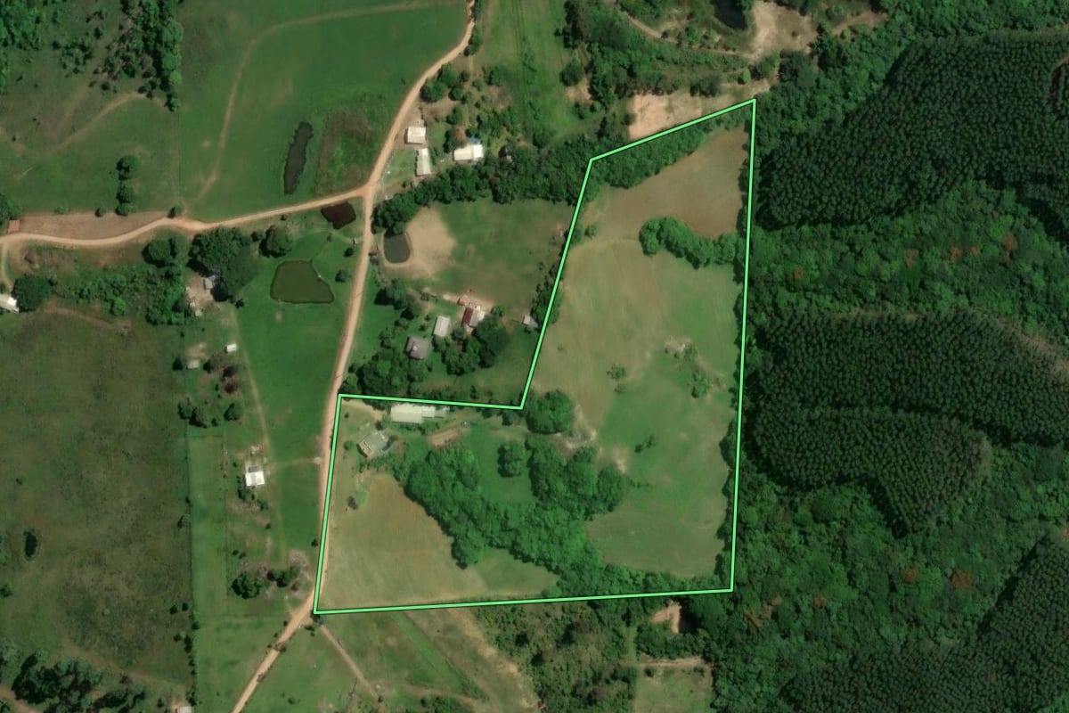 Imagem de satélite do imóvel rural em Camaquã (RS), com o contorno declarado no CAR desenhado por cima.