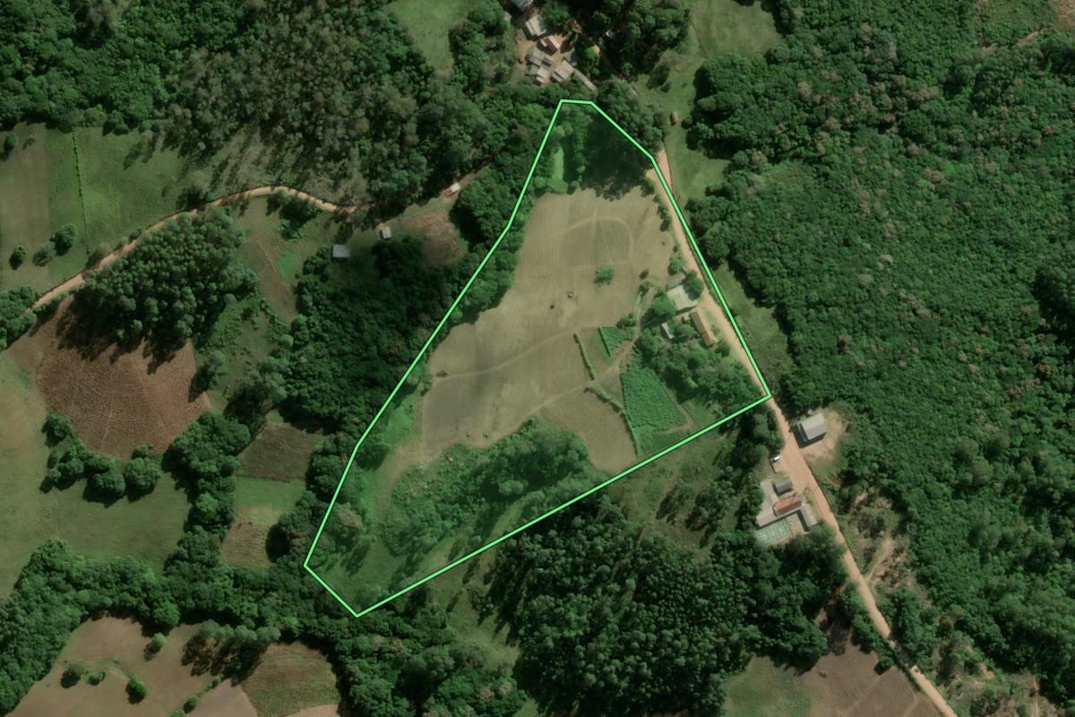 Imagem de satélite do imóvel rural em Camaquã (RS), com o contorno declarado no CAR desenhado por cima.