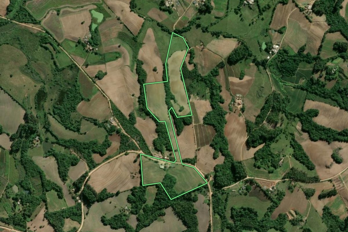 Imagem de satélite do imóvel rural em Camaquã (RS), com o contorno declarado no CAR desenhado por cima.